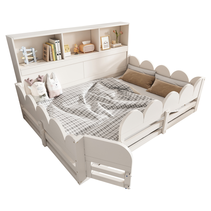 Cama infantil 140x200cm com grade, porta e prateleira madeira – branco