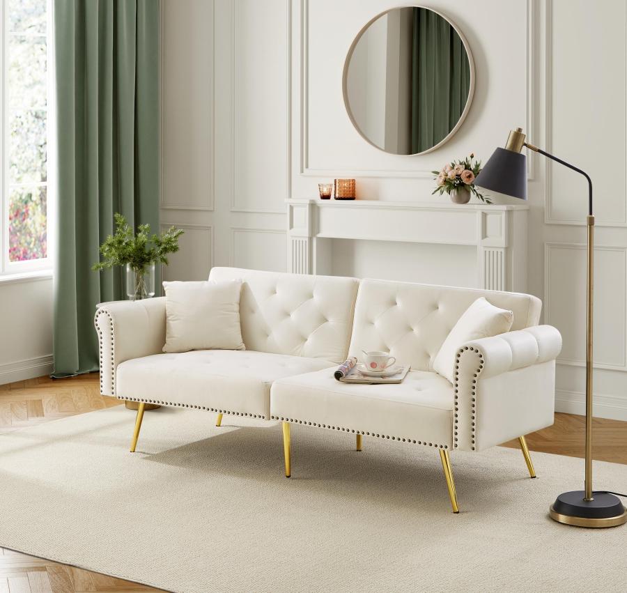 Sofá-cama 2 lugares em veludo bege com encosto reclinável e pés dourados