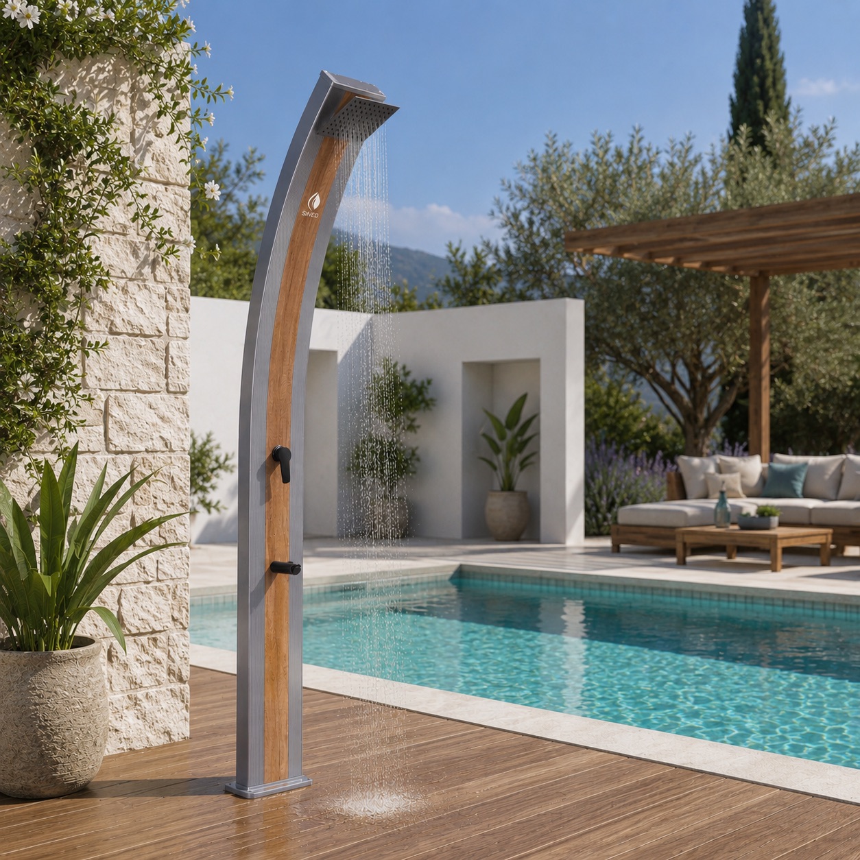 Chuveiro solar em alumínio com lavapes sined shower ella grey wood