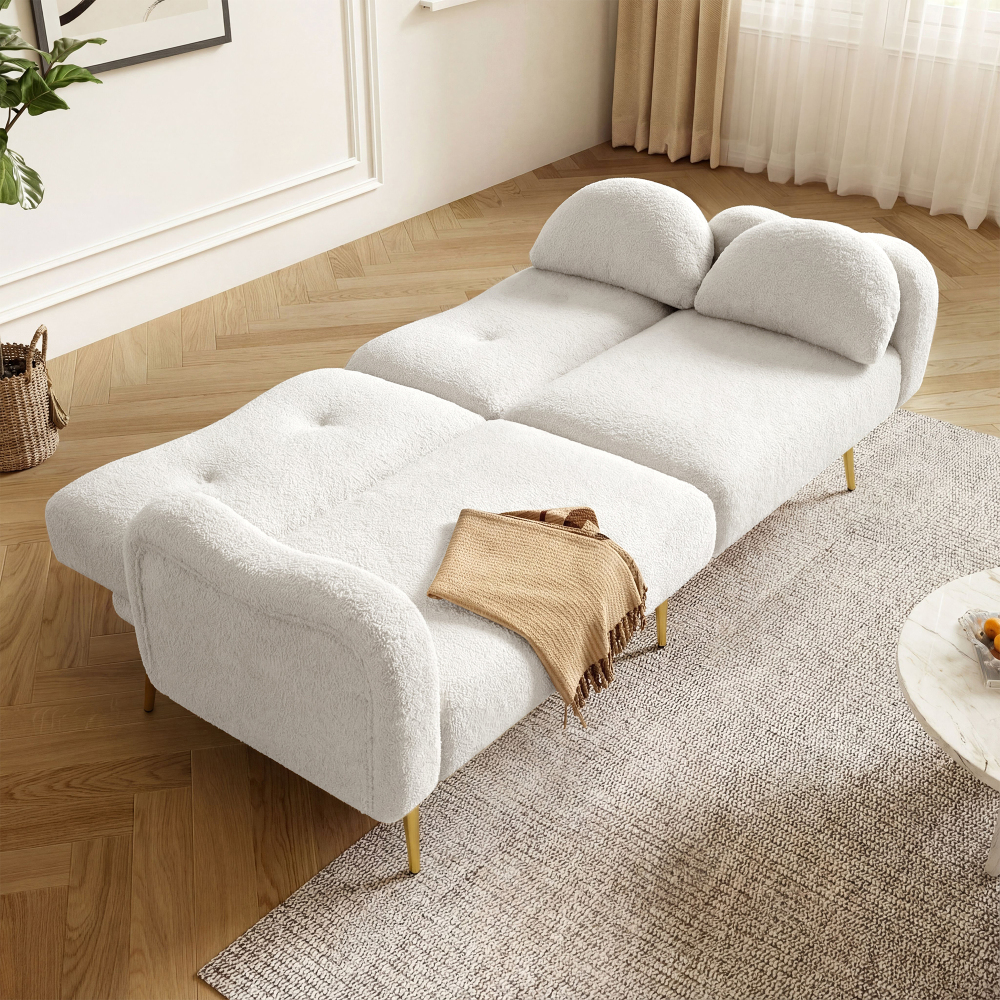Sofá cama 2 lugares em tecido bouclé branco com encosto ajustável