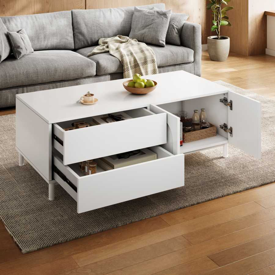 Mesa de centro com 2 gavetas e 2 portas branca 39,5x100x50cm