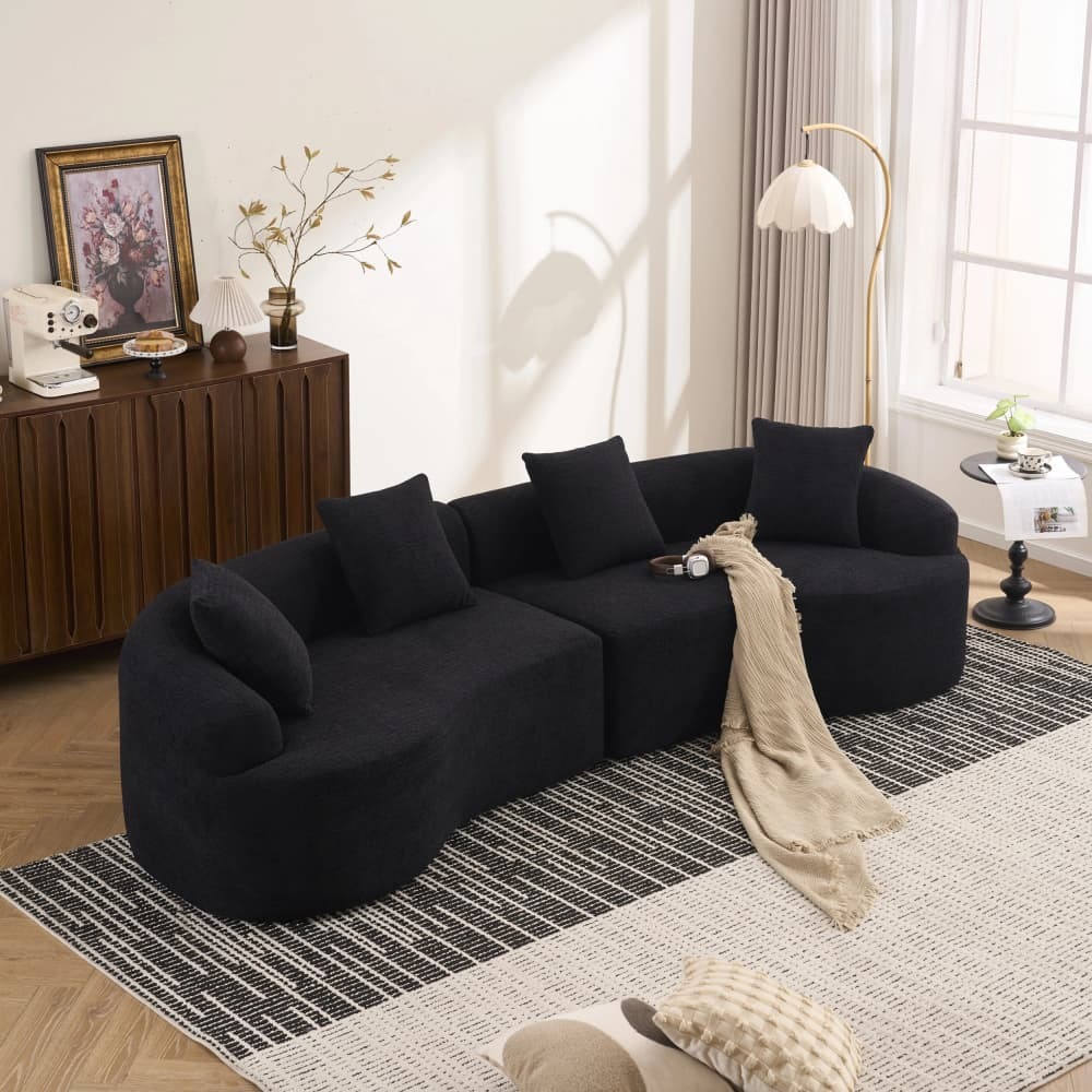 Sofá modular curvo em chenille preto 4 lugares para sala
