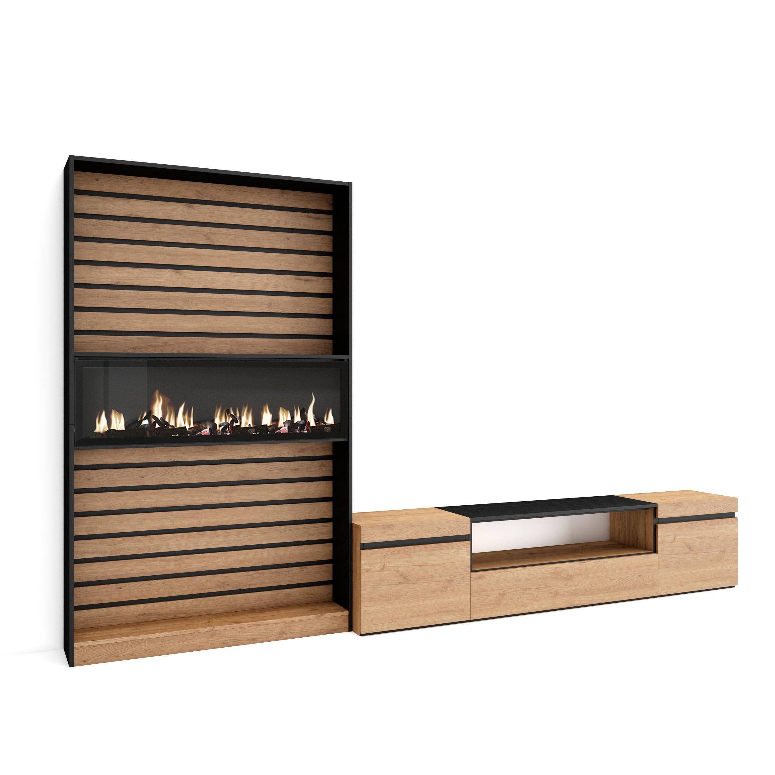 Móveis tv, 310x35x186cm, carvalho e preto, lareira eléctrica xxl rf2858
