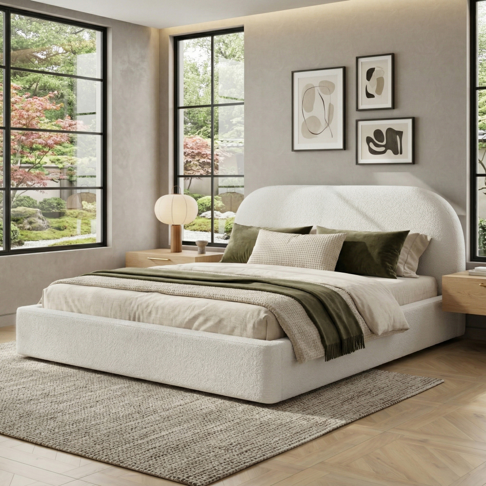 Cama de casal 180x200cm com estrado estofada bouclé bege