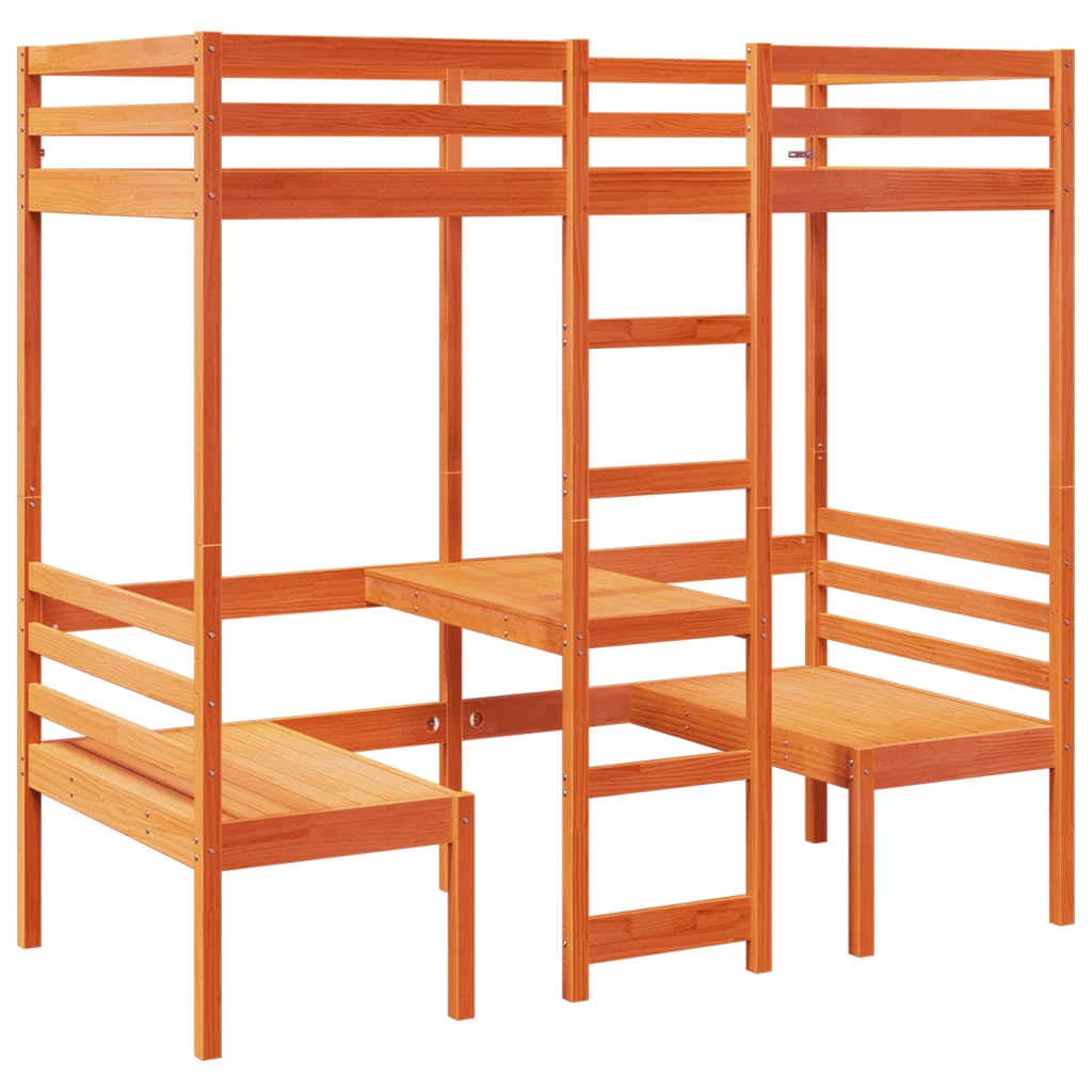 vidaXL cama alta escritorio y asientos madera maciza marrón 75x190 cm
