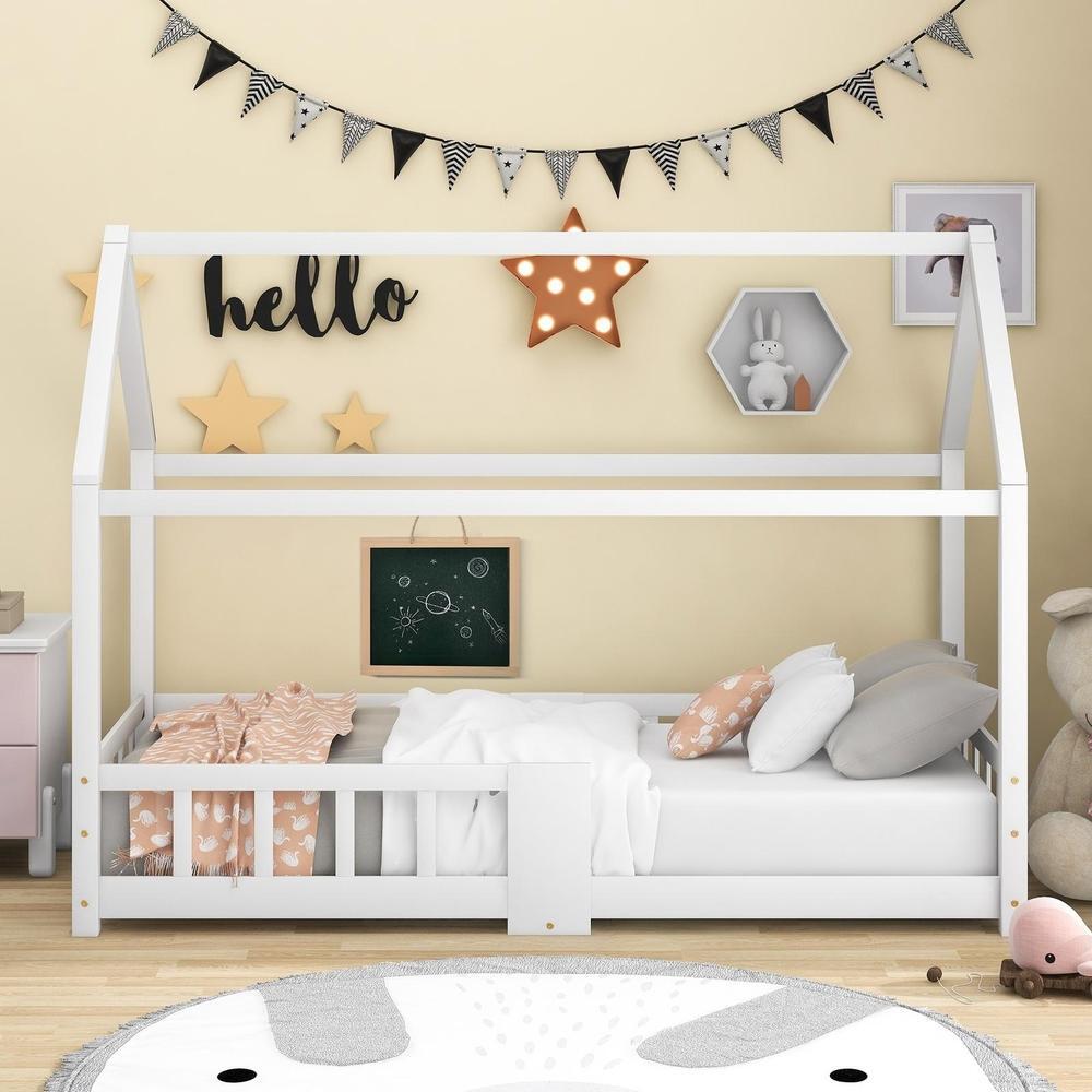 Cama infantil 90x200cm madeira com grade e sommier branco