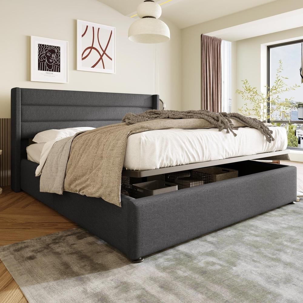 Cama com arrumação hidráulica, estrado de ripas 140x200 cm cinzento