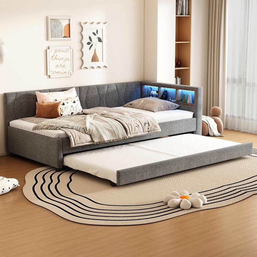 Sofá-cama 90x200cm com gaveta, usb/usb-c, LED, arrumação, cinzento