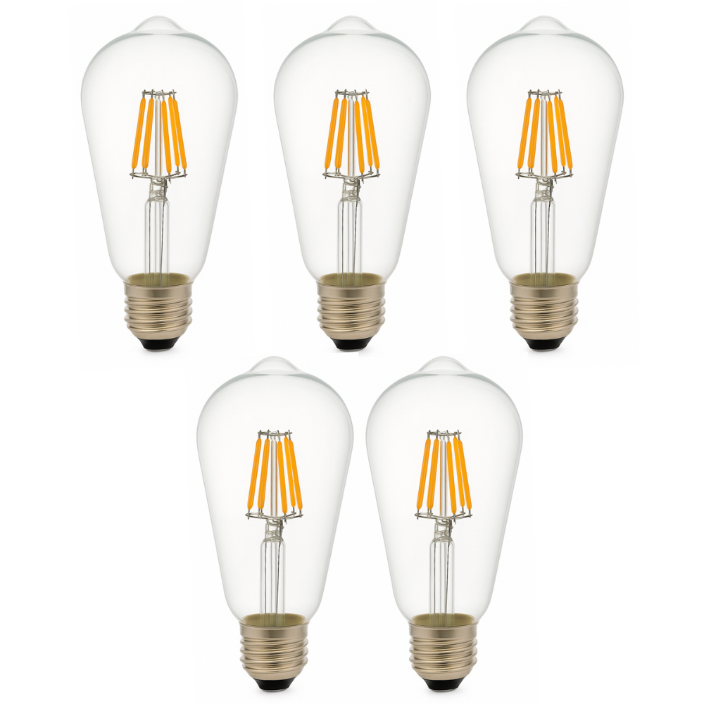 Pack x5 lâmpada LED st64 E27 edison, filamento 8w 820lm. Luz quente 2700k