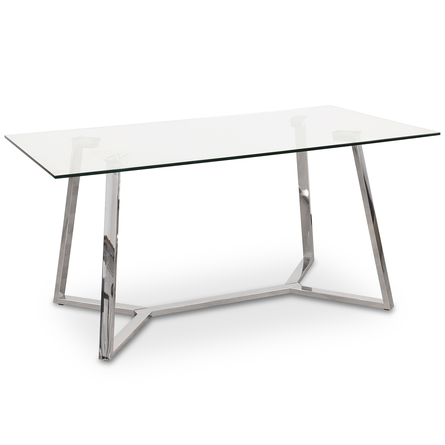 Mesa de jantar com tampo de vidro e pés de aço polido.