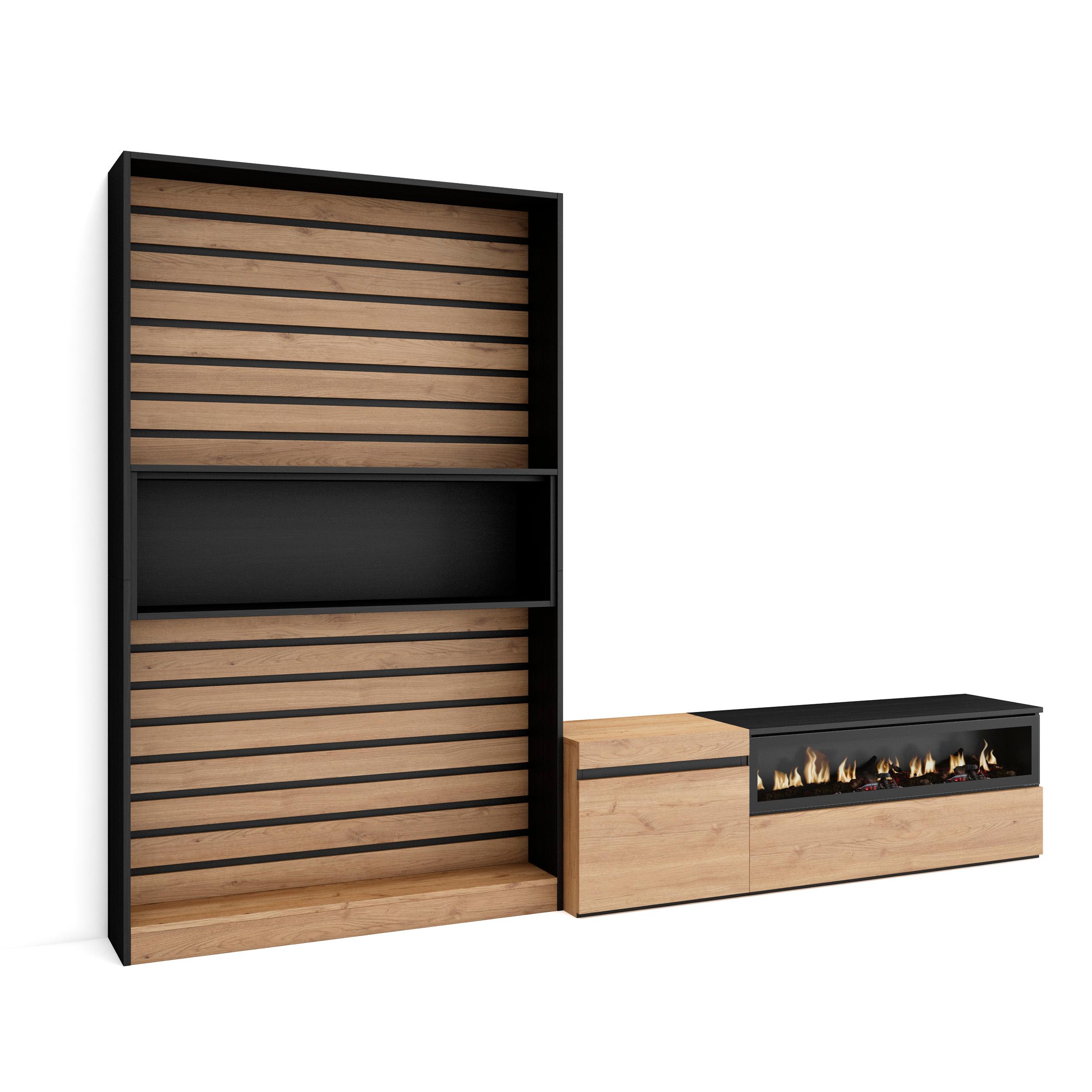 Móveis tv, 260x35x186cm, carvalho e preto, lareira eléctrica rf3157