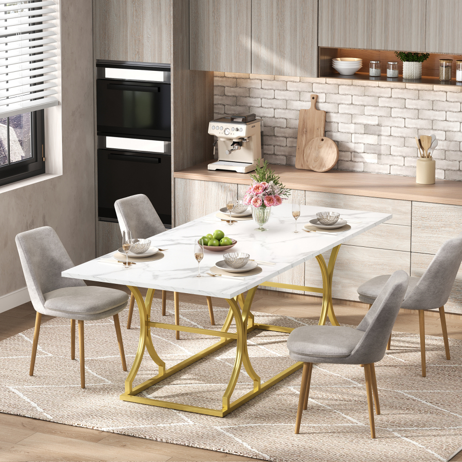Mesa de jantar retangular marmorizada branco e dourado 76x200x80cm
