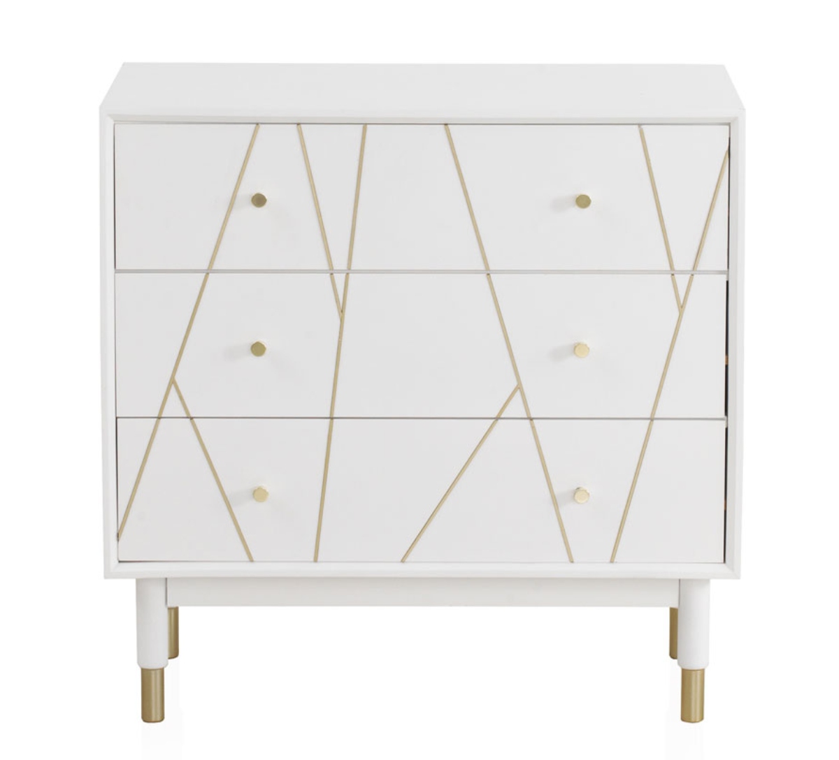 Cômoda de 3 gavetas laqueada em branco com frente decorada em d, 80x40x80cm