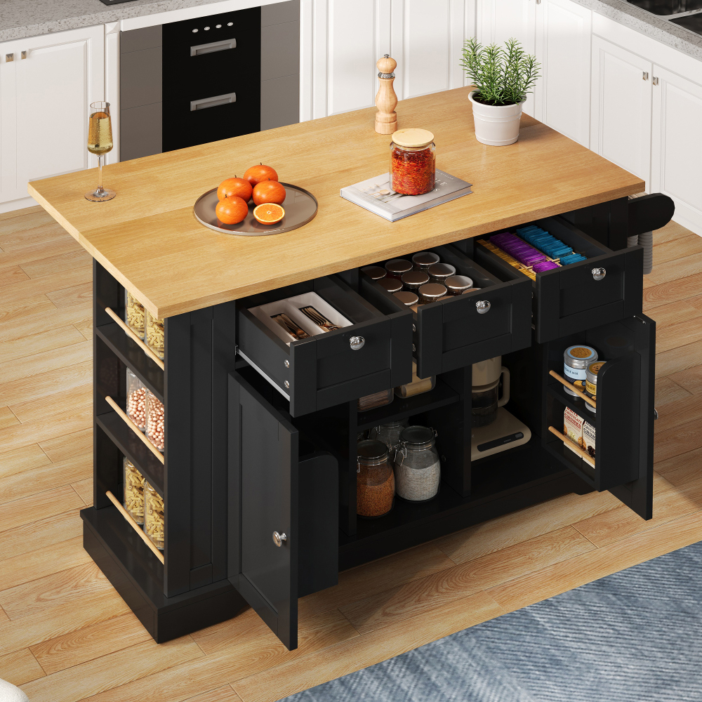 Ilha de cozinha móvel em mdf natural e preto com tampo extensível