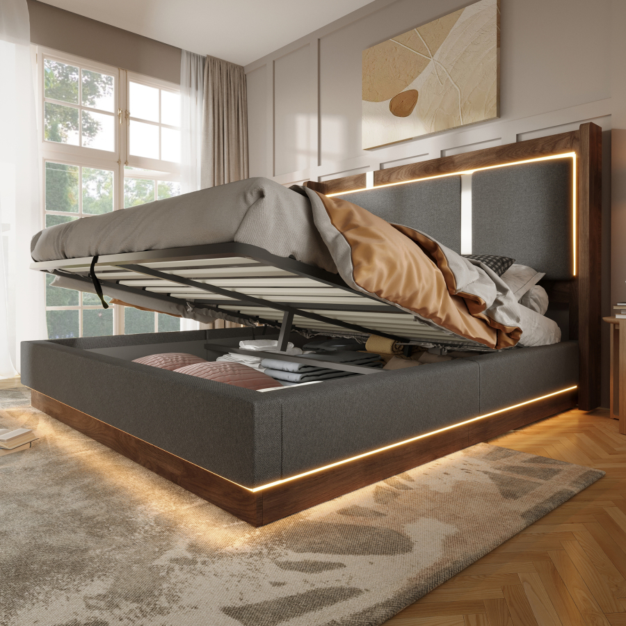 Cama de casal 180x200cm com arrumação e luz LED linho e madeira cinzento