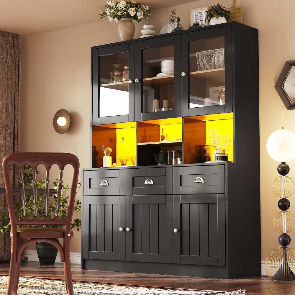 Armário alto cozinha LED prateleiras ajustáveis preto 140x40x175cm