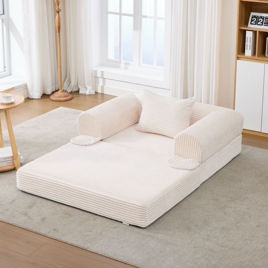 Sofá cama individual dobrável estofado bege 2 em 1 com almofada
