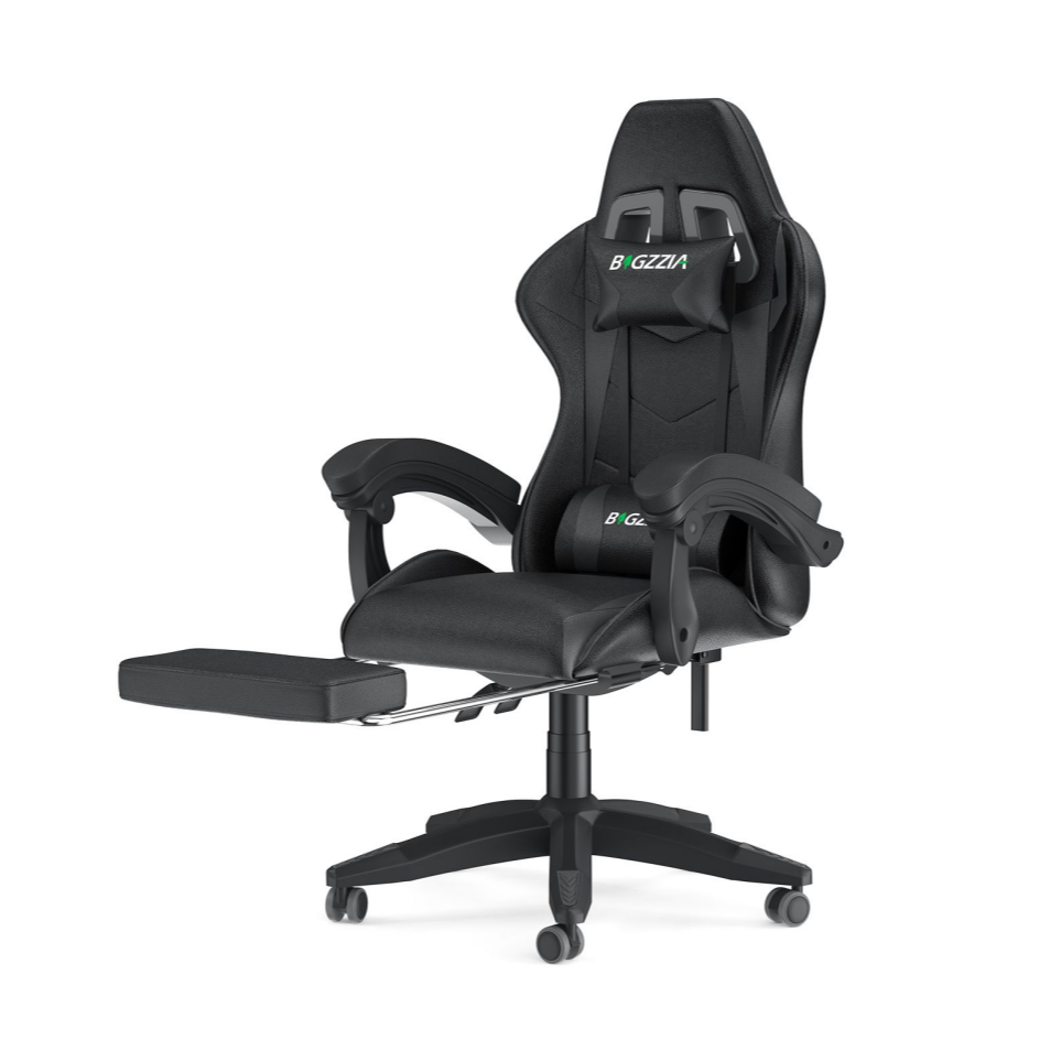 Cadeira de jogos a com apoio para os pés, cadeira ergonómica - toda preta