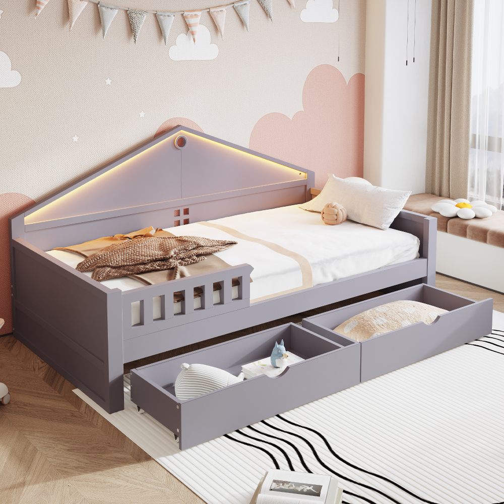 Cama individual 90x200cm com arrumação e luz LED madeira – cinzento