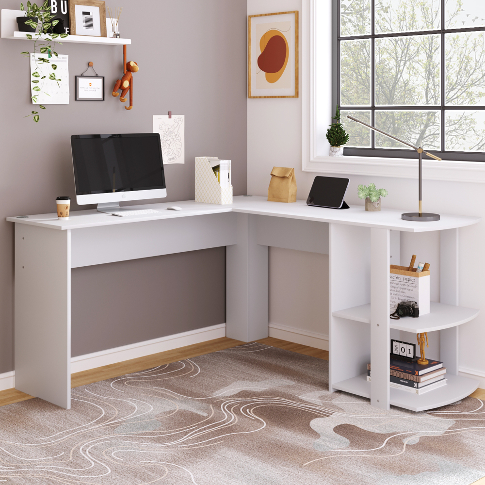 Mesa de escritório em l para canto com 2 prateleiras branco 75x140x140cm