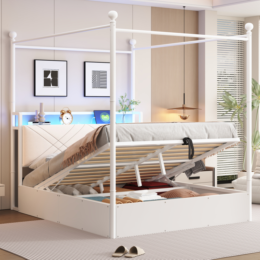 Cama de casal 140x190 cm com dossel e arrumação metal madeira – branco