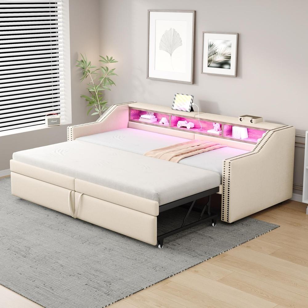 Sofá-cama ninho 90x200 cm, extensível a 180 cm, bege LED usb