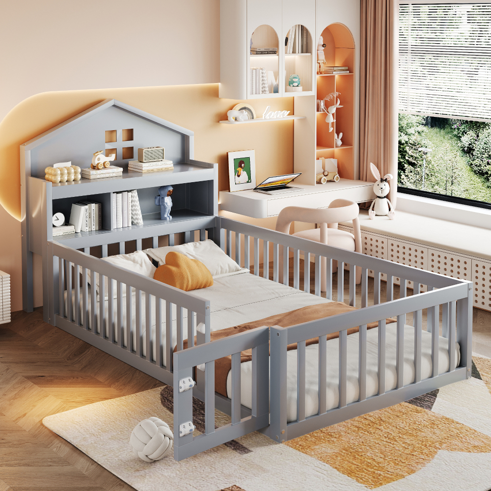 Cama infantil 90x200cm em madeira com arrumação cinzento