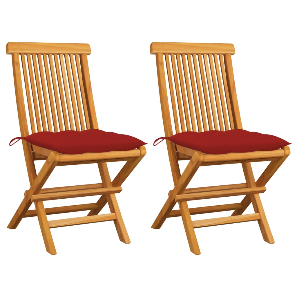 vidaXL sillas de jardín 2 uds madera maciza de teca con cojines rojos