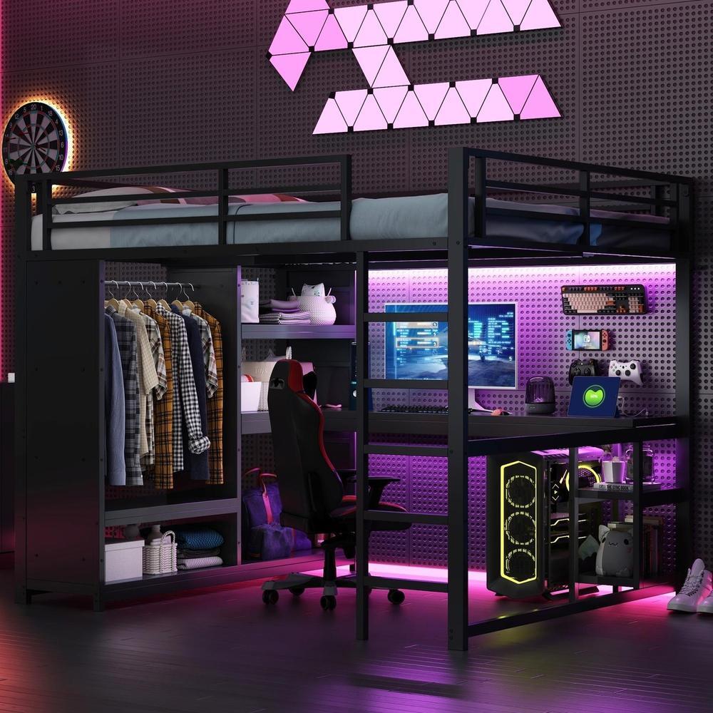 Cama mezanino gaming com secretária e LED bluetooth 160x200cm preto