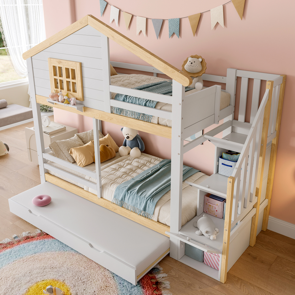 Beliche 90x200cm com cama deslizante e arrumação madeira – natural branco