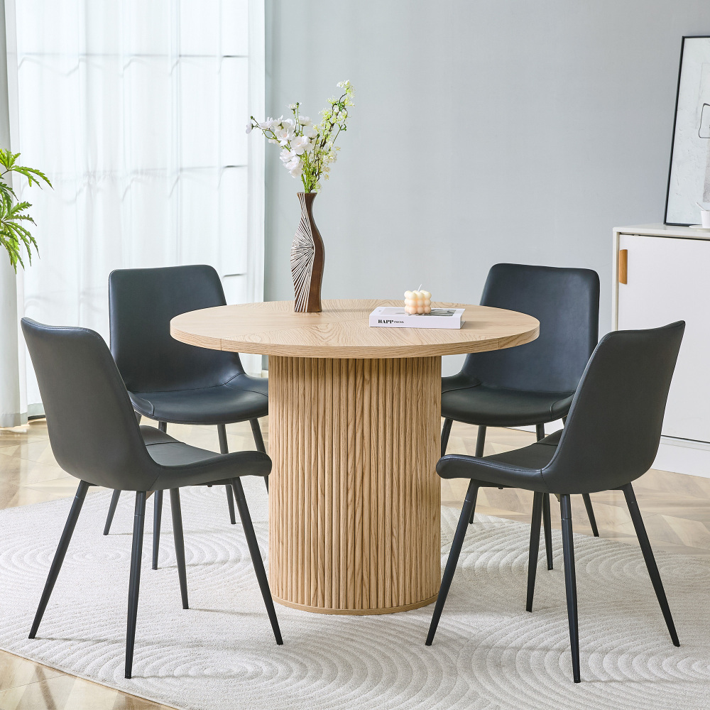 Conjunto mesa redonda com 4 cadeiras mdf e pele sintética preto