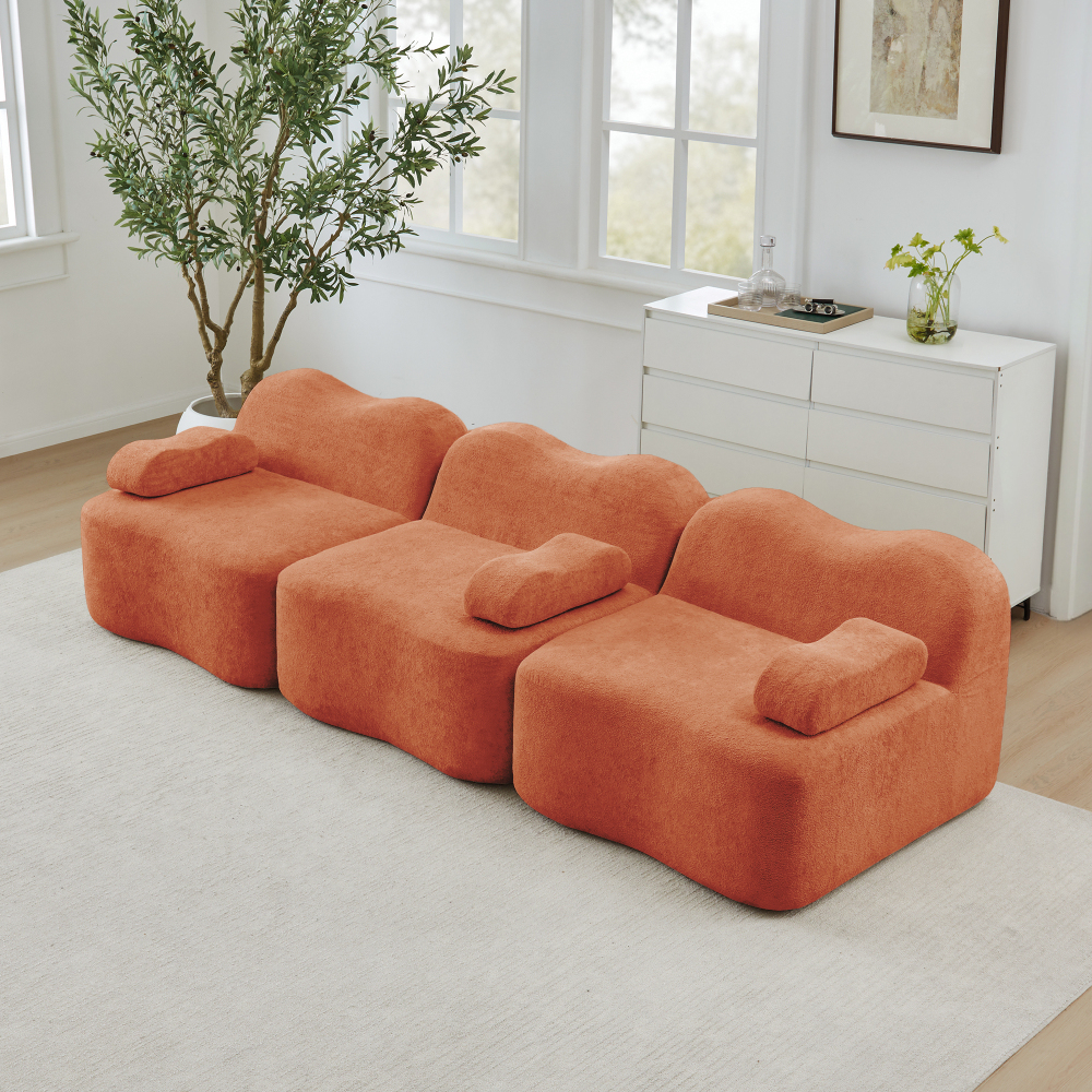 Sofá modular 3 lugares em veludo laranja com assento profundo