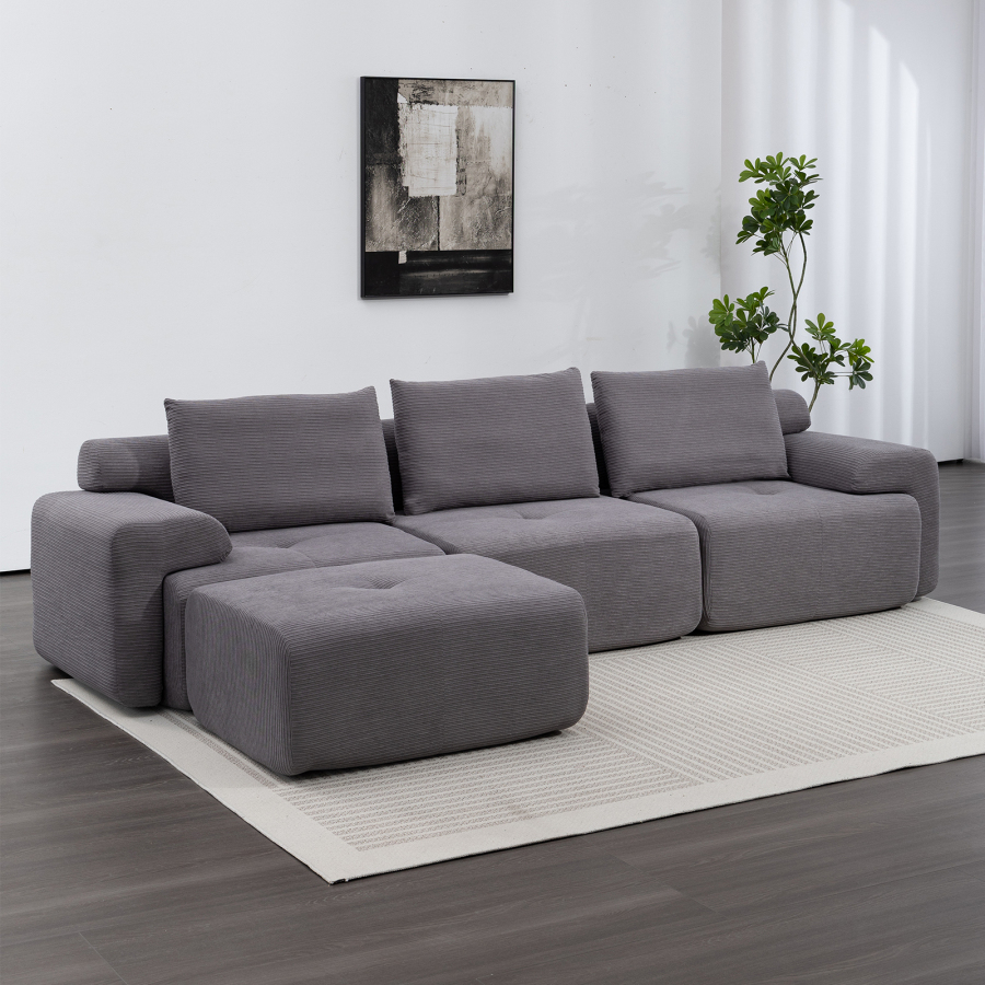 Sofá canto modular sem estrutura pufe móvel cinza escuro 305cm