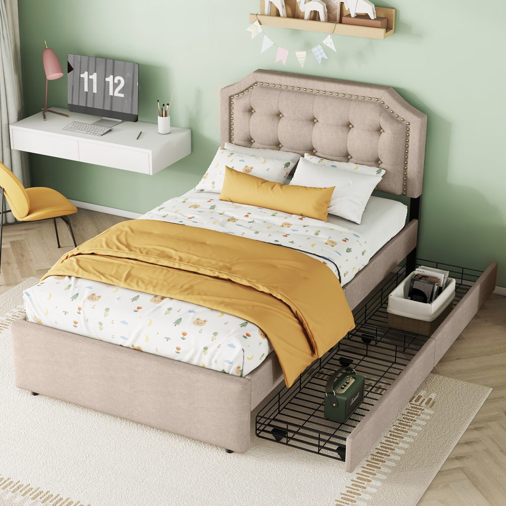 Cama estofada 90x200cm com duas gavetas linho e mdf – bege