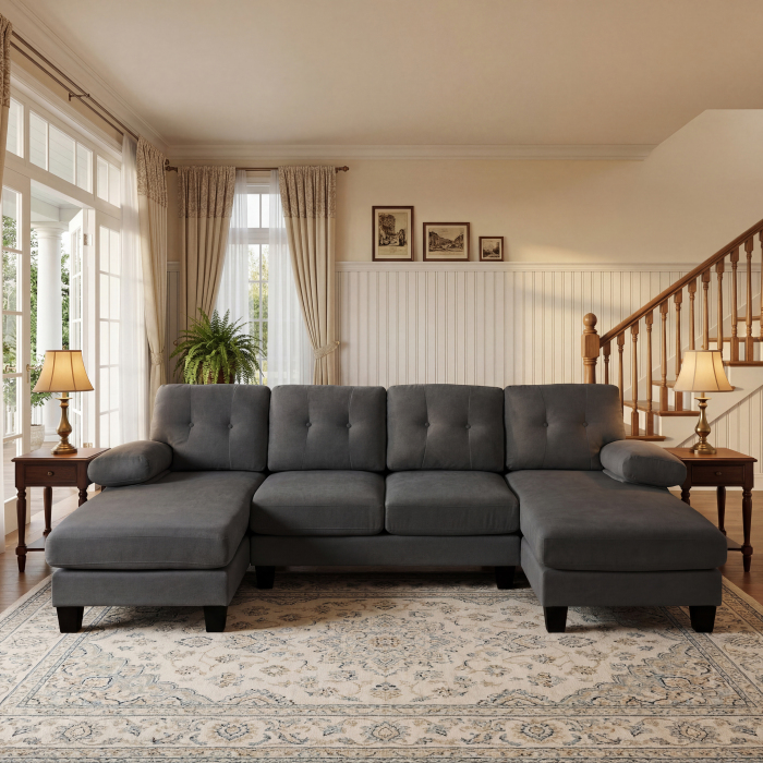 Sofá em u em chenille cinzento 4 lugares com duas chaise longue