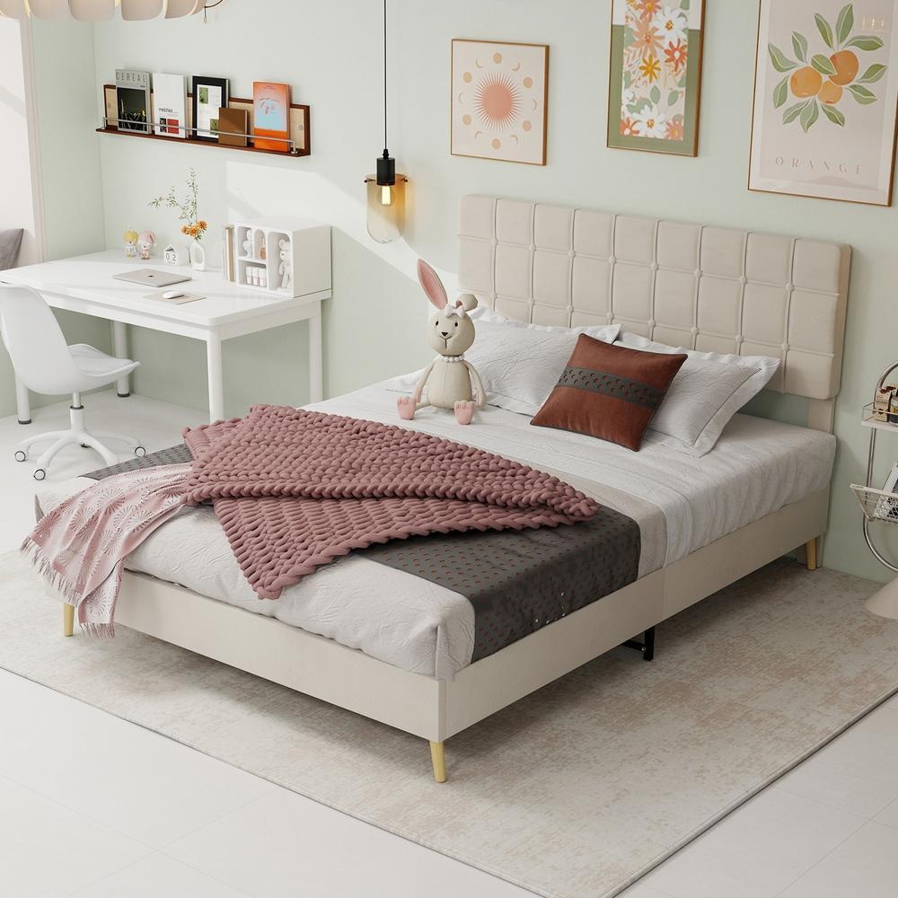 Cama 160x200cm com pés de madeira, sem colchão, cor bege moderna