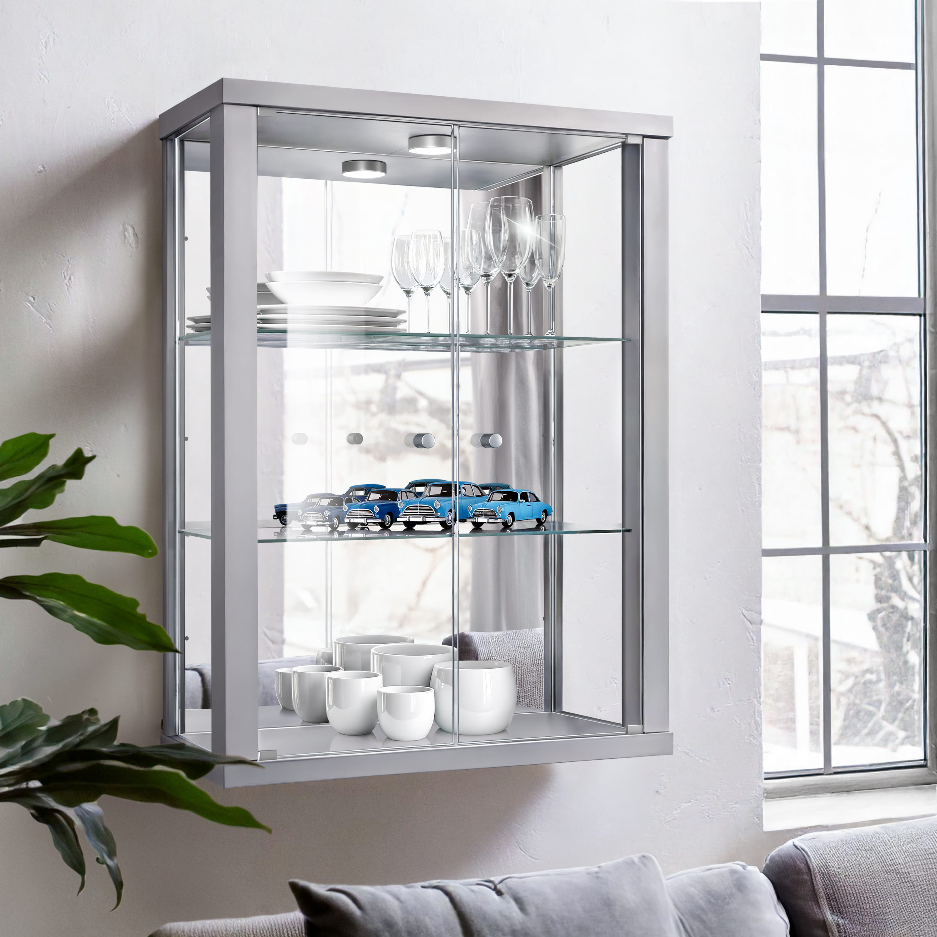 K-möbel vitrine suspensa cristal prata (80x60x25 cm) com LED e espelho