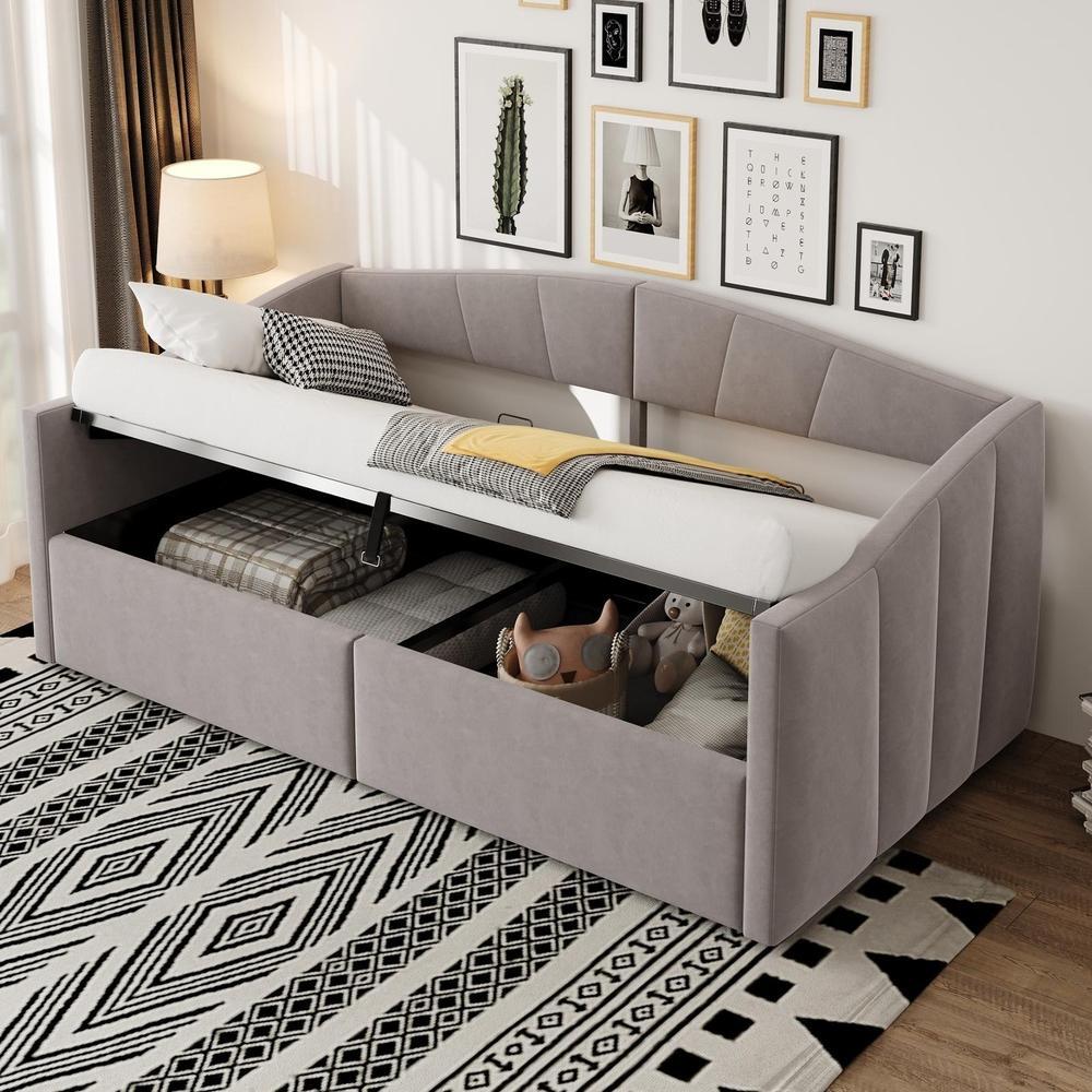 Sofá-cama com baú hidráulico, braços e riscas 90x200cm cinzento clain