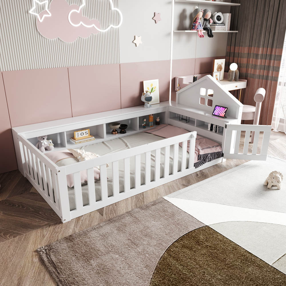 Cama infantil 90x200cm com telhado janela e arrumação madeira maciça branco