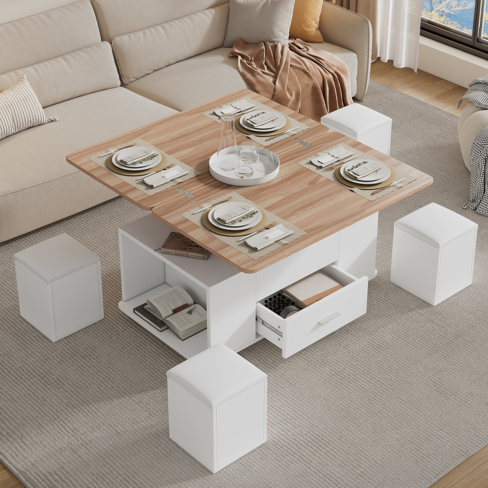 Mesa de centro elevatória com 4 puffs branco 45x100x50cm
