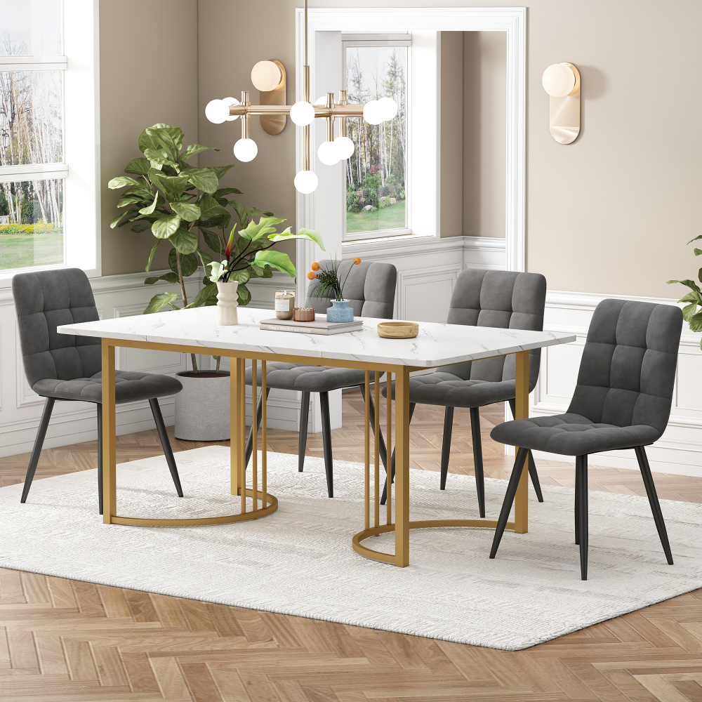 Conjunto mesa e cadeiras 4 lugares mdf branco com veludo cinzento escuro