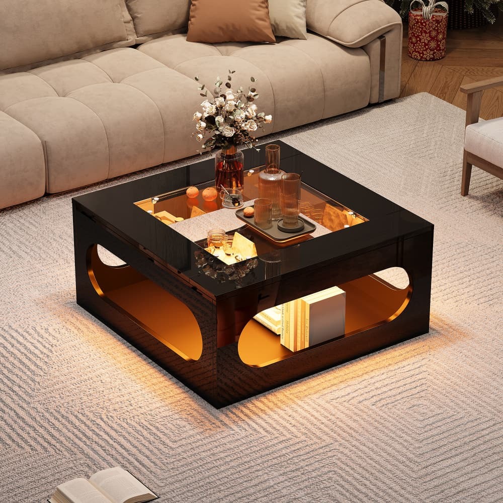 Mesa de centro quadrada com iluminação e vidro temperado preto 35x70x70cm