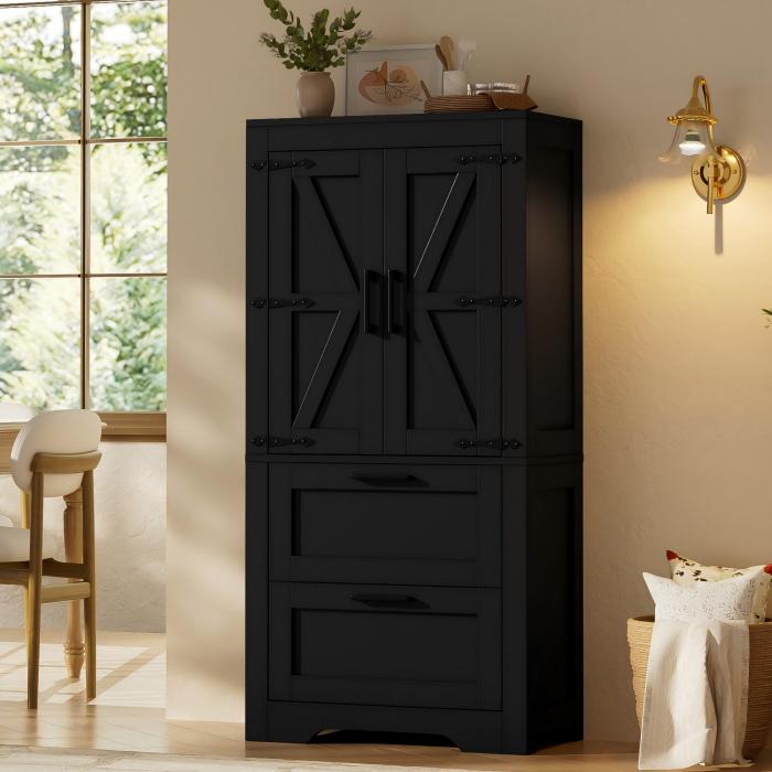 Armário alto com 2 gavetas e prateleiras ajustáveis preto 128x60x30cm