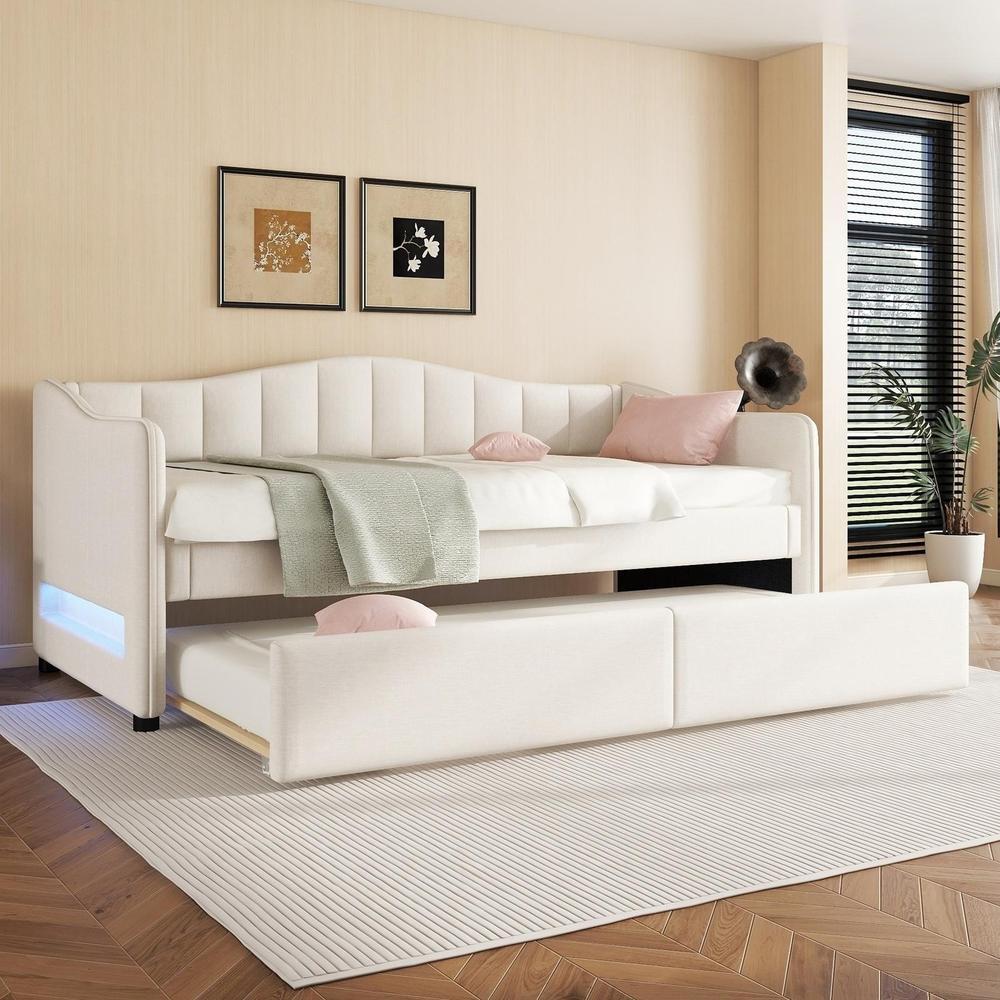 Cama sofá 90x200cm com cama extra LED, linho, gaveta, bege