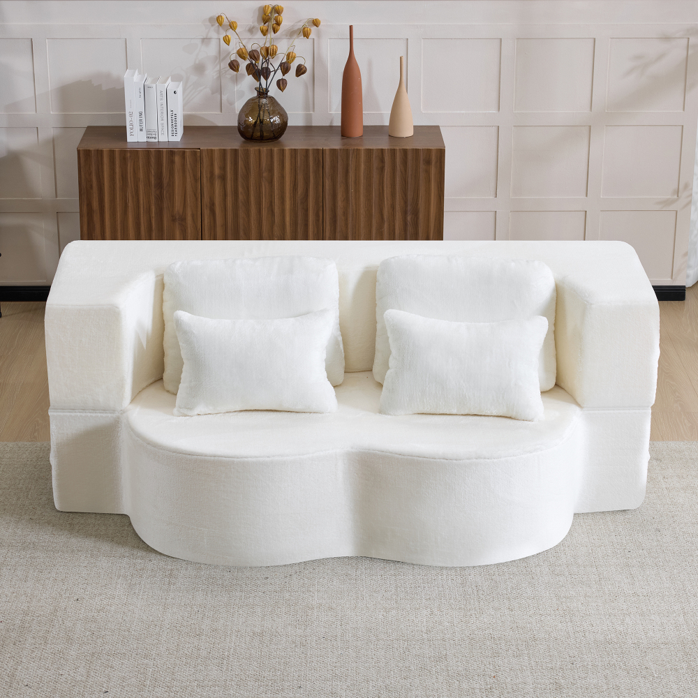 Sofá cama dobrável de chão em tecido peluche branco com almofada