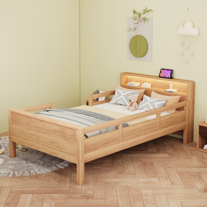 Cama infantil 90x200cm com LED e arrumação madeira natural