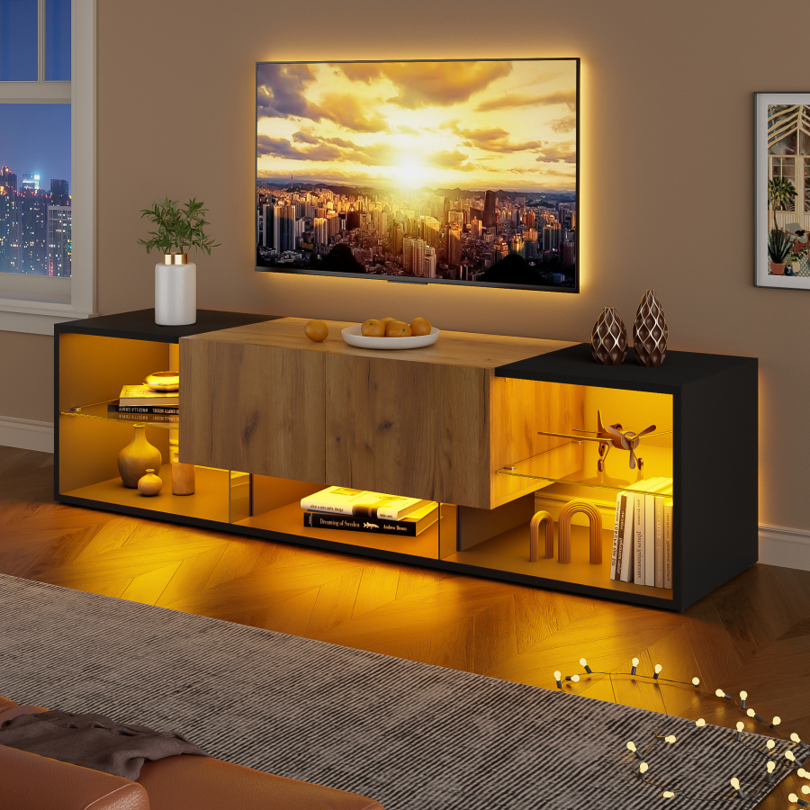 Móvel de tv com LED e 2 gavetas preto natural 42x160x40cm
