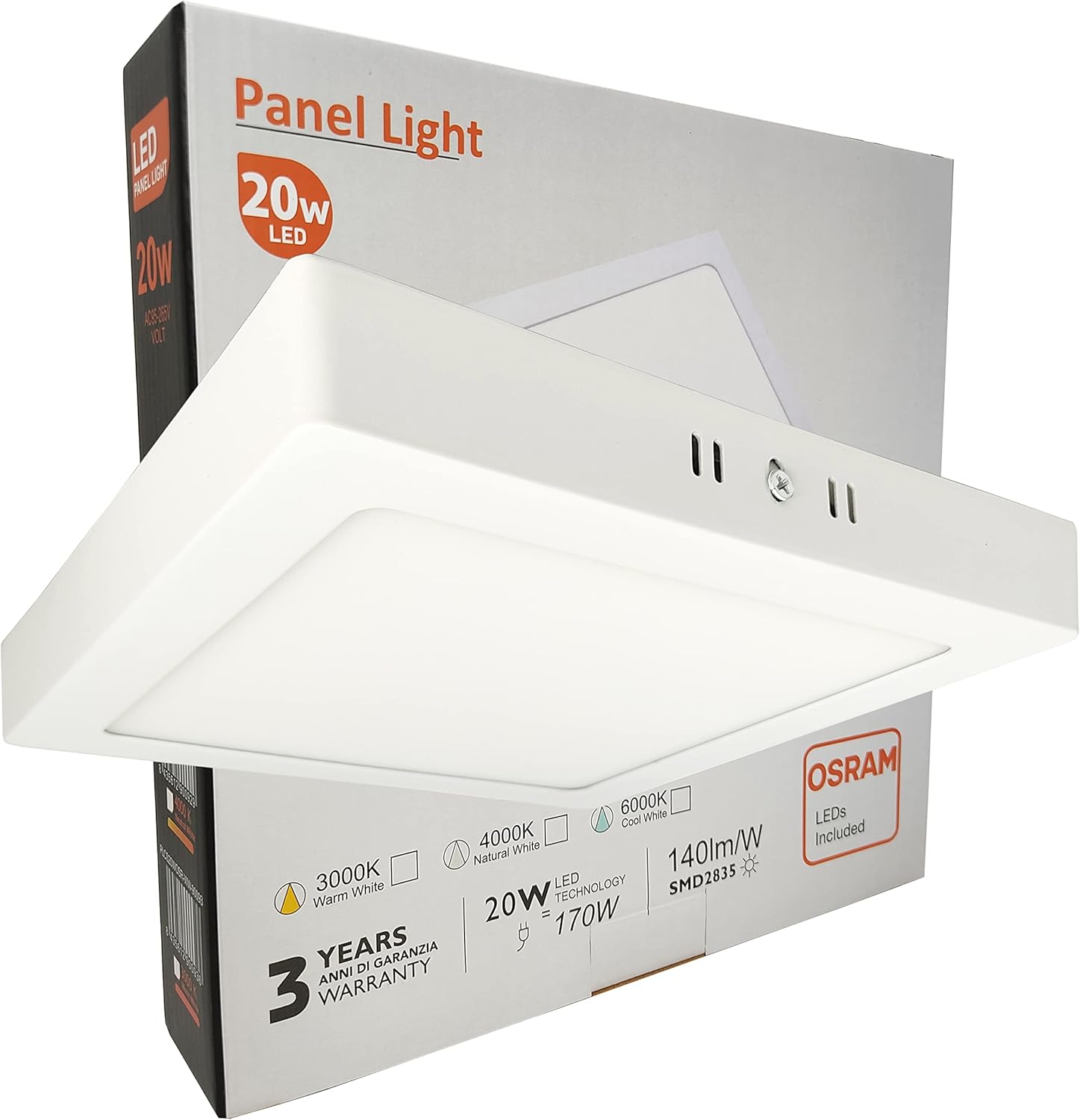 Plafond LED quadrado 20w 2000lm luz de superfície osram - luz natural 4000k