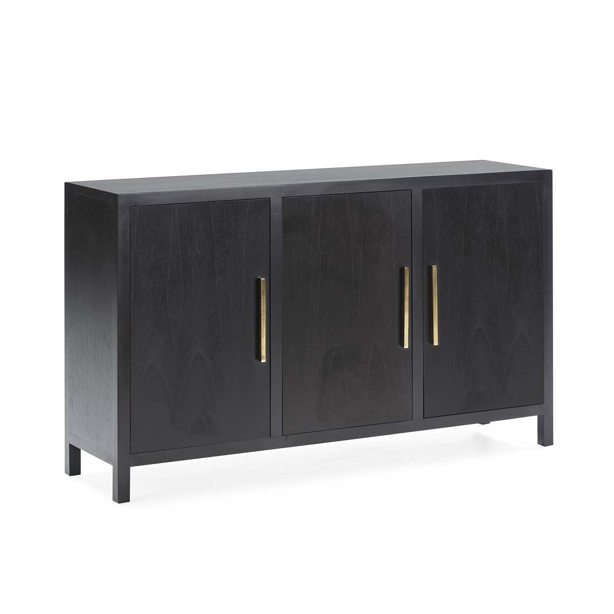 Aparador 150x40x90 em madeira preta com detalhes em metal dourado.