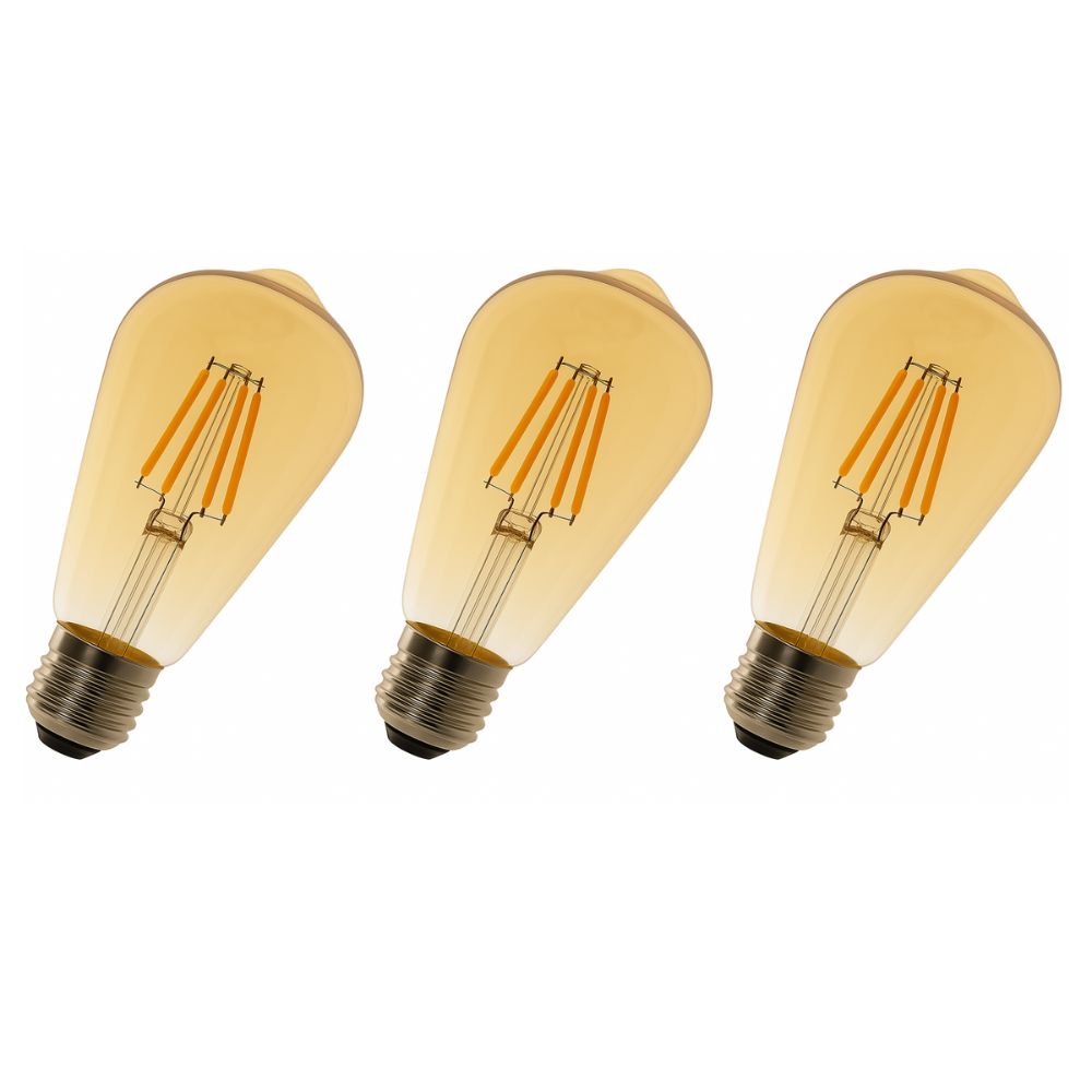 Pack x3 lâmpada LED st64 E27 edison filamento 8w 750lm. Luz quente 2700k